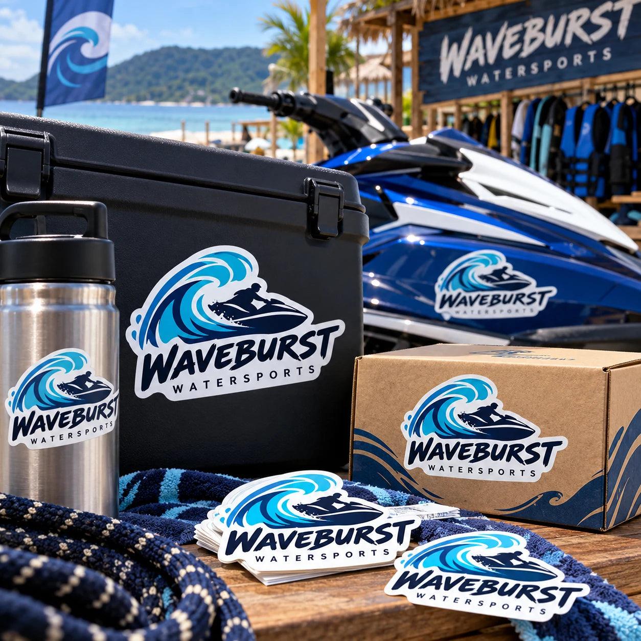 Waveburst Watersports fictional example storefront with custom lettering and stickers
