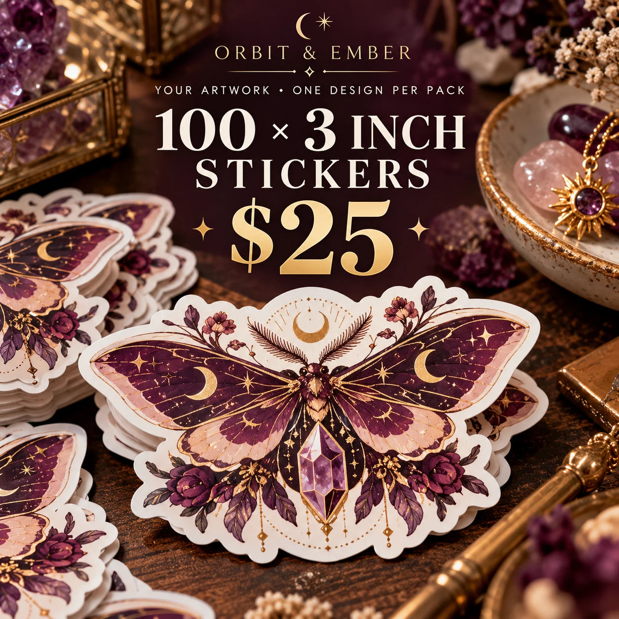 Orbit & Ember fictional example: 100 custom 3 inch stickers for $25