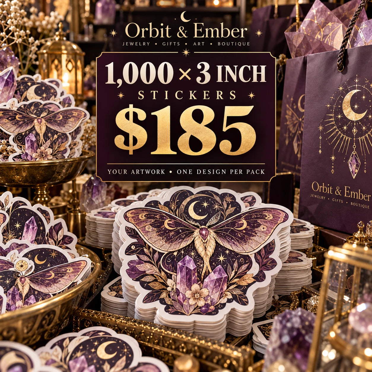 Orbit & Ember fictional packaging and sticker ideas