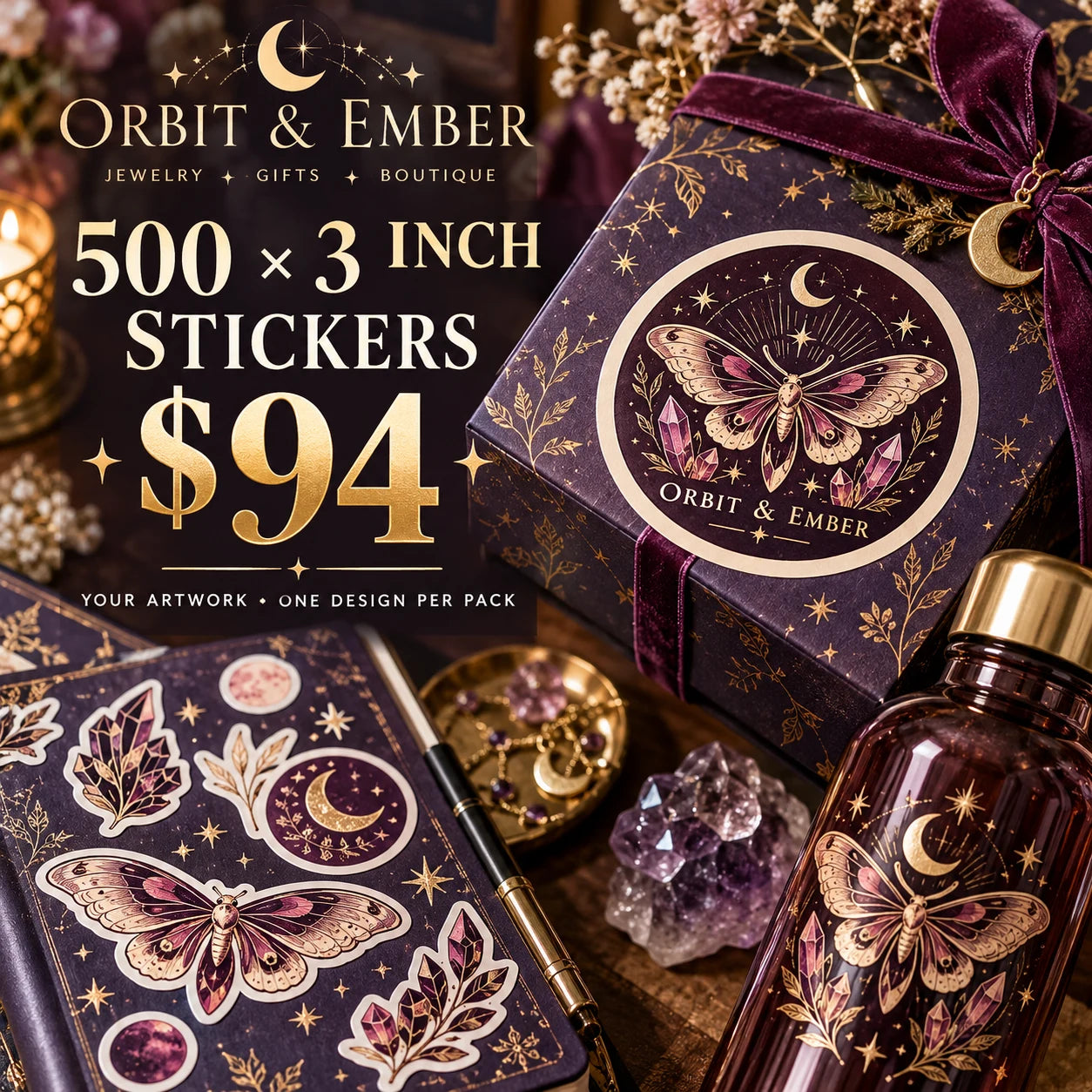 Orbit & Ember fictional example: 500 custom 3 inch stickers for $94