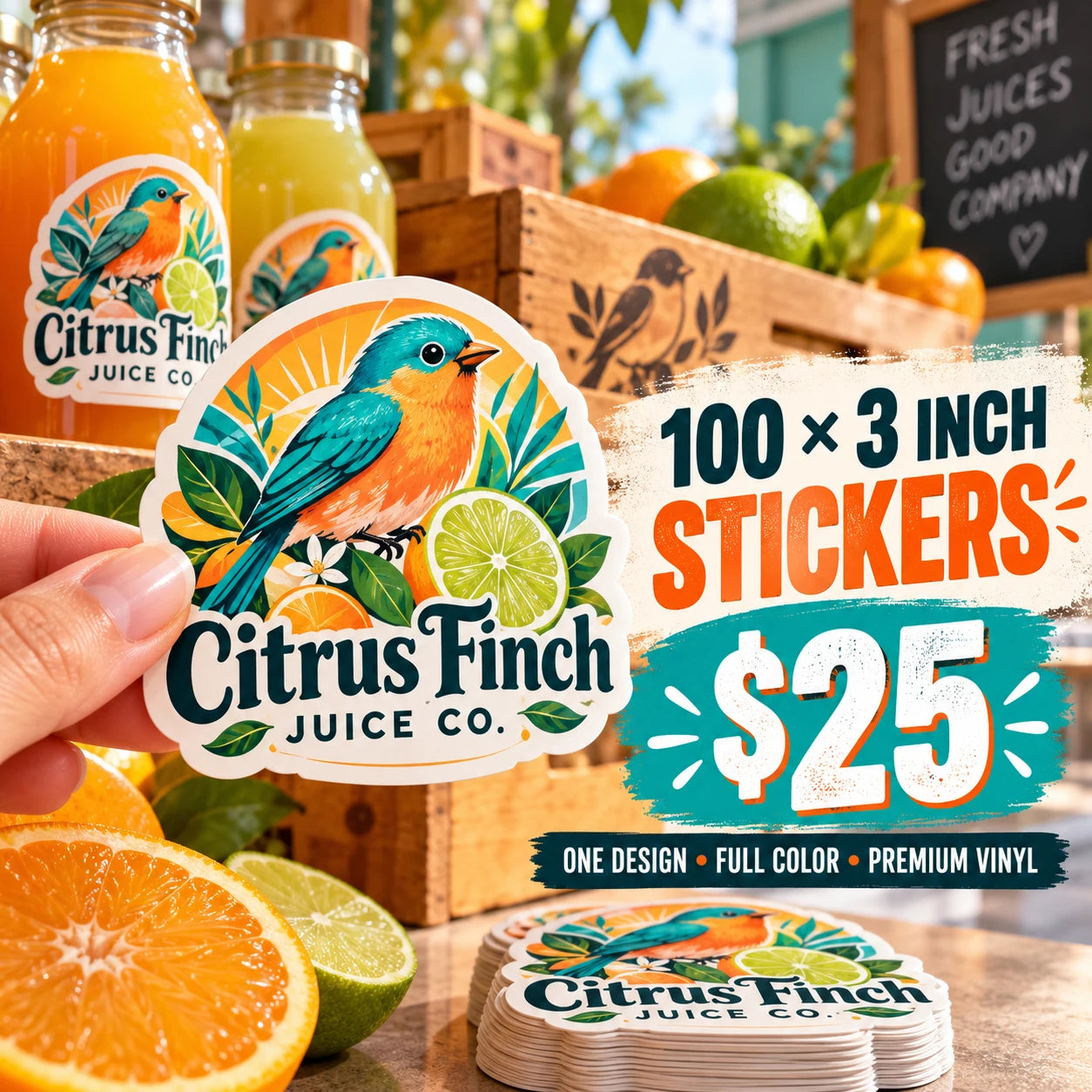 Citrus Finch Juice Co. fictional example: 100 custom 3 inch stickers for $25