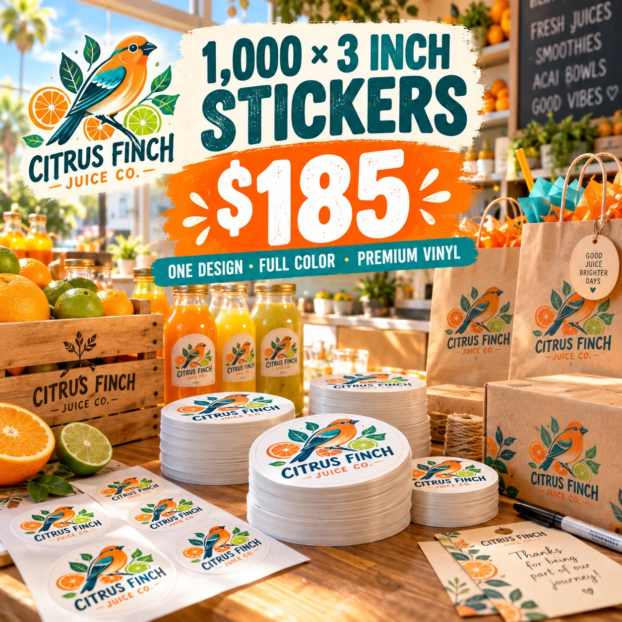 Citrus Finch Juice Co. fictional packaging and sticker ideas