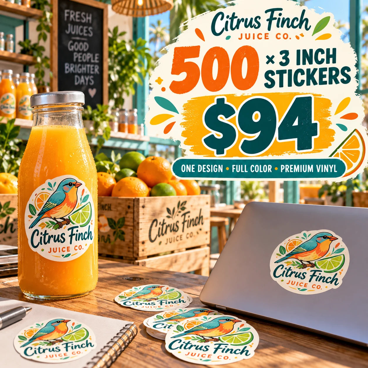 Citrus Finch Juice Co. fictional example: 500 custom 3 inch stickers for $94
