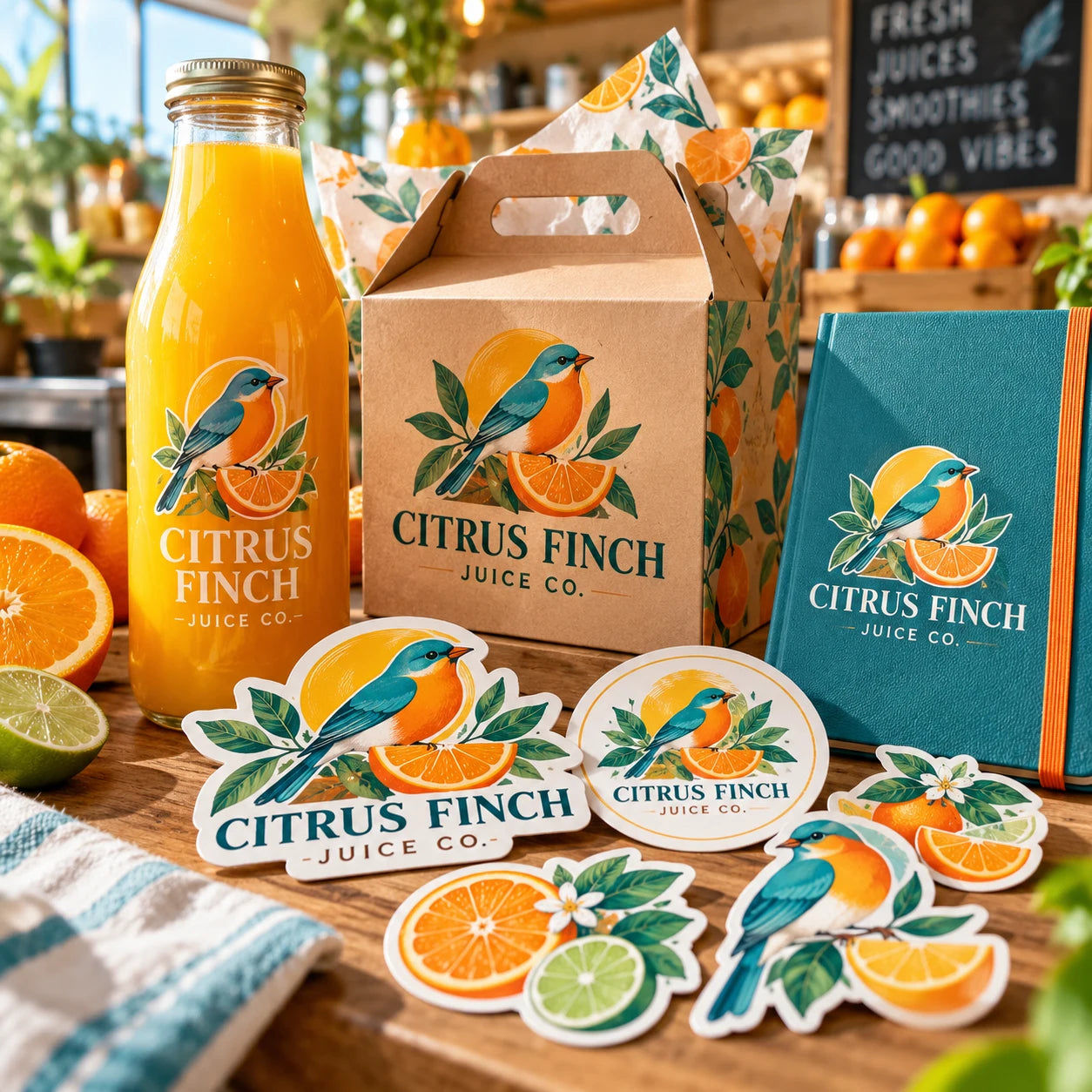 Citrus Finch Juice Co. fictional example storefront with custom lettering and stickers