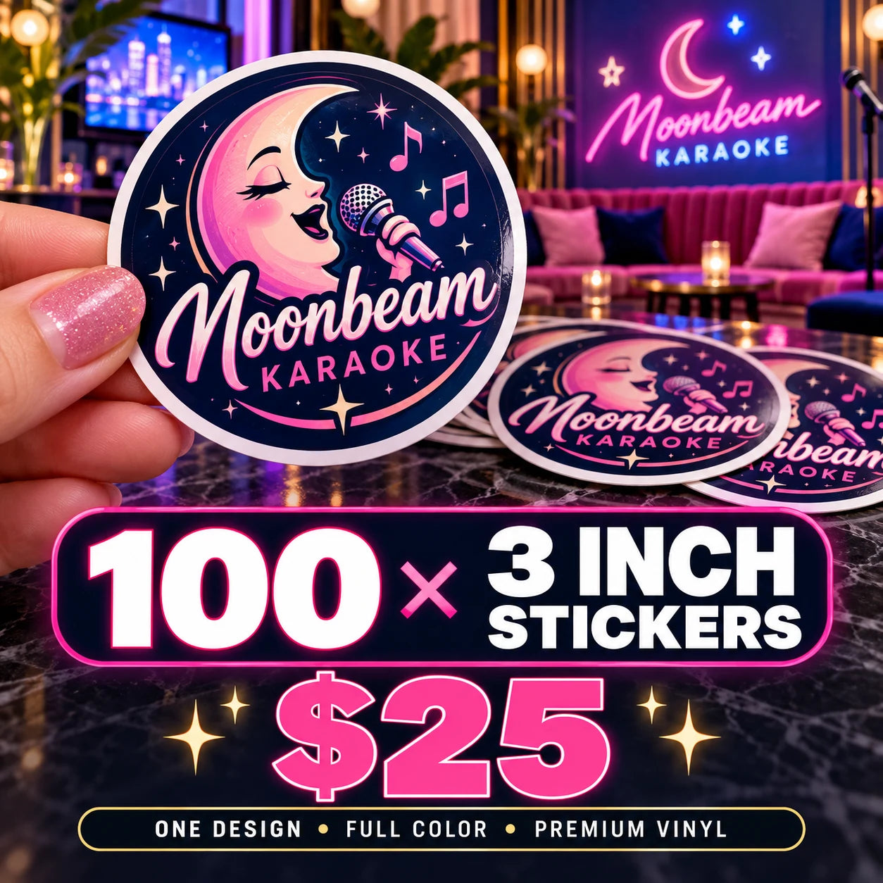 Moonbeam Karaoke fictional example: 100 custom 3 inch stickers for $25