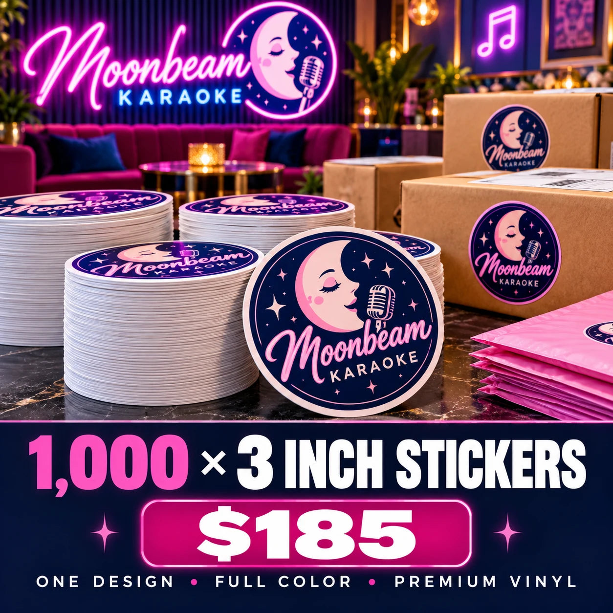 Moonbeam Karaoke fictional packaging and sticker ideas