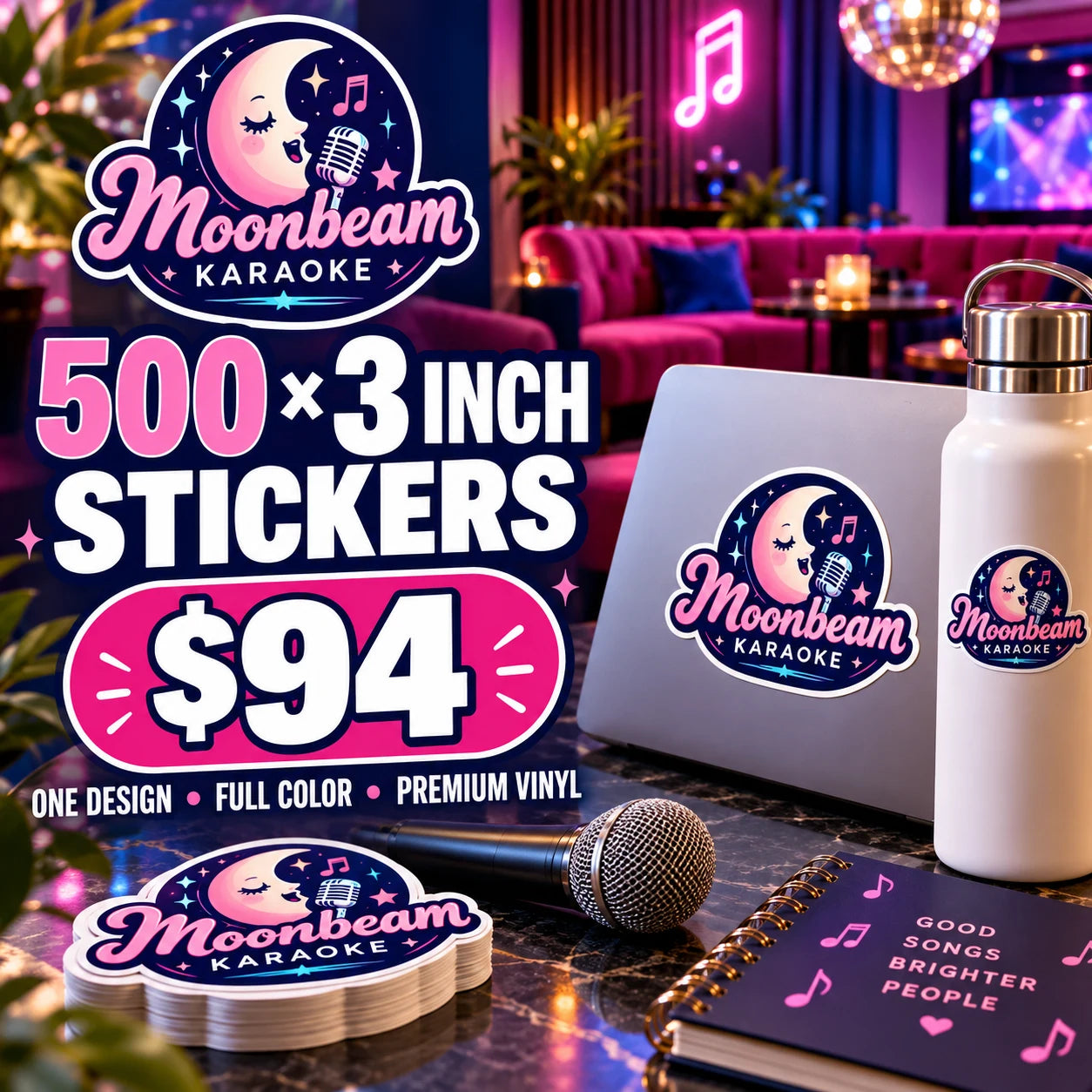 Moonbeam Karaoke fictional example: 500 custom 3 inch stickers for $94