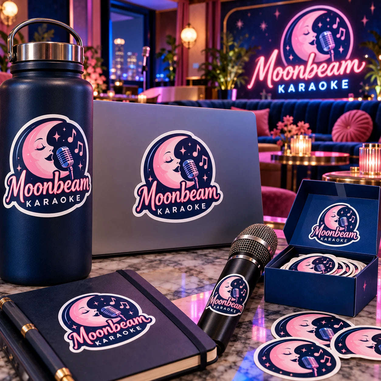 Moonbeam Karaoke fictional example storefront with custom lettering and stickers