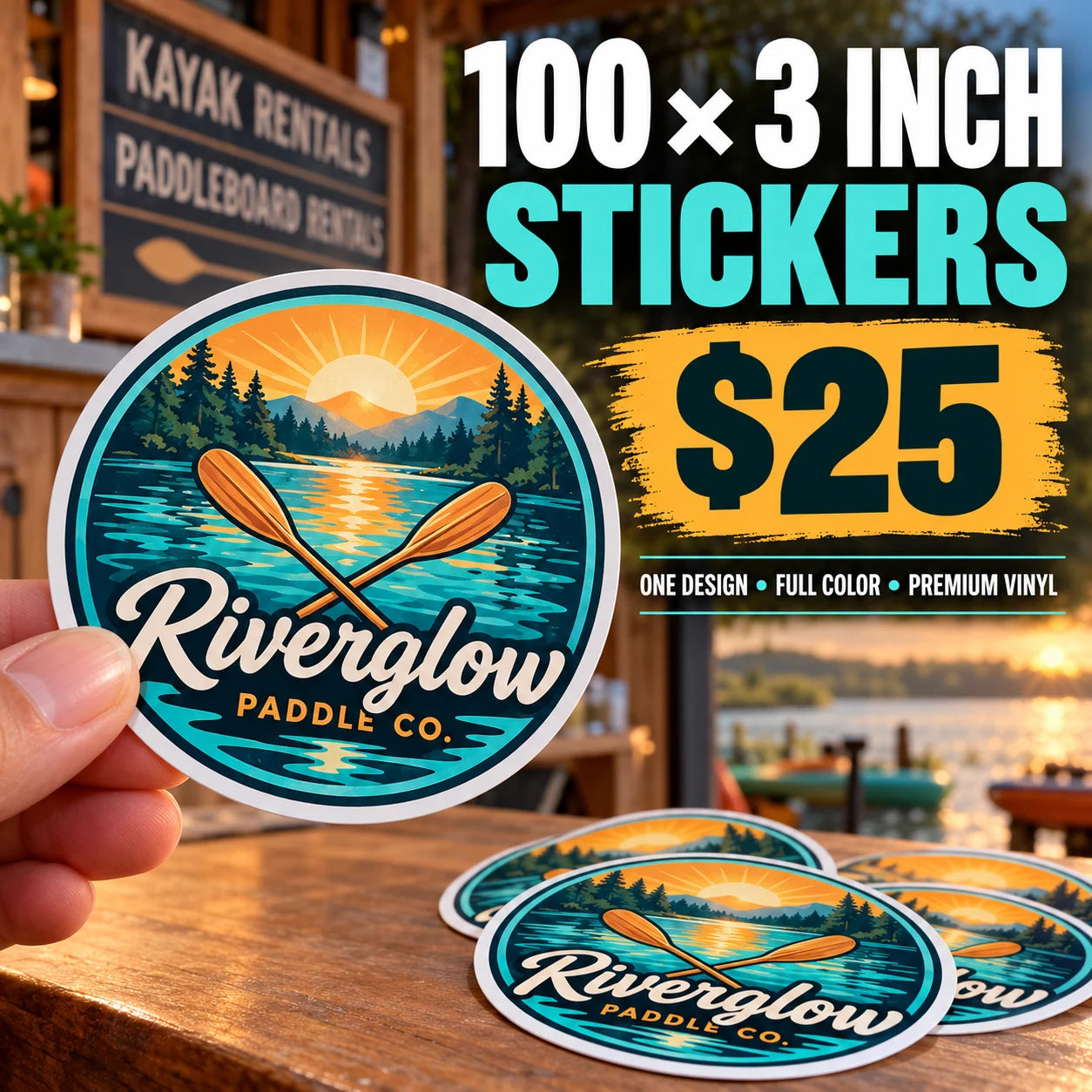 Riverglow Paddle Co. fictional example: 100 custom 3 inch stickers for $25