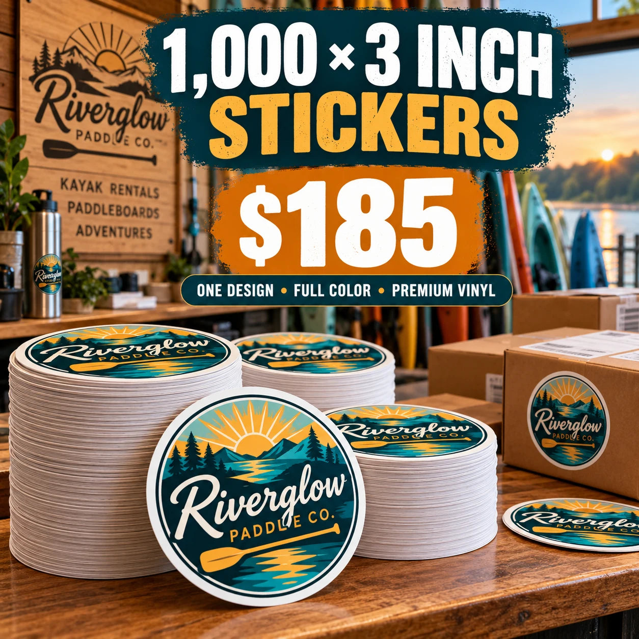Riverglow Paddle Co. fictional example: 1000 custom 3 inch stickers for $185
