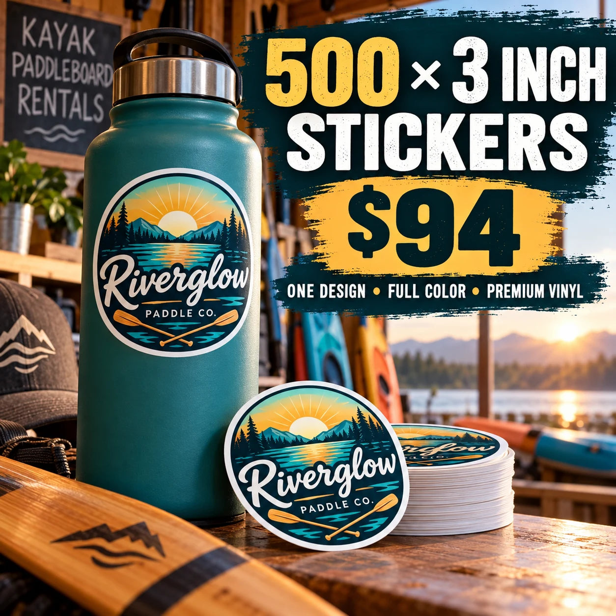 Riverglow Paddle Co. fictional example: 500 custom 3 inch stickers for $94