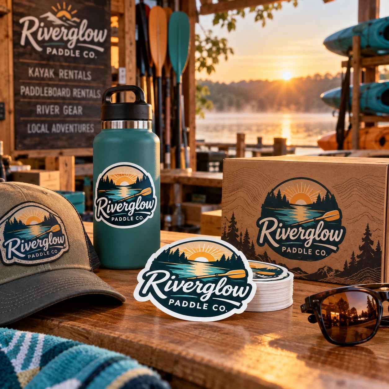 Riverglow Paddle Co. fictional example storefront with custom lettering and stickers