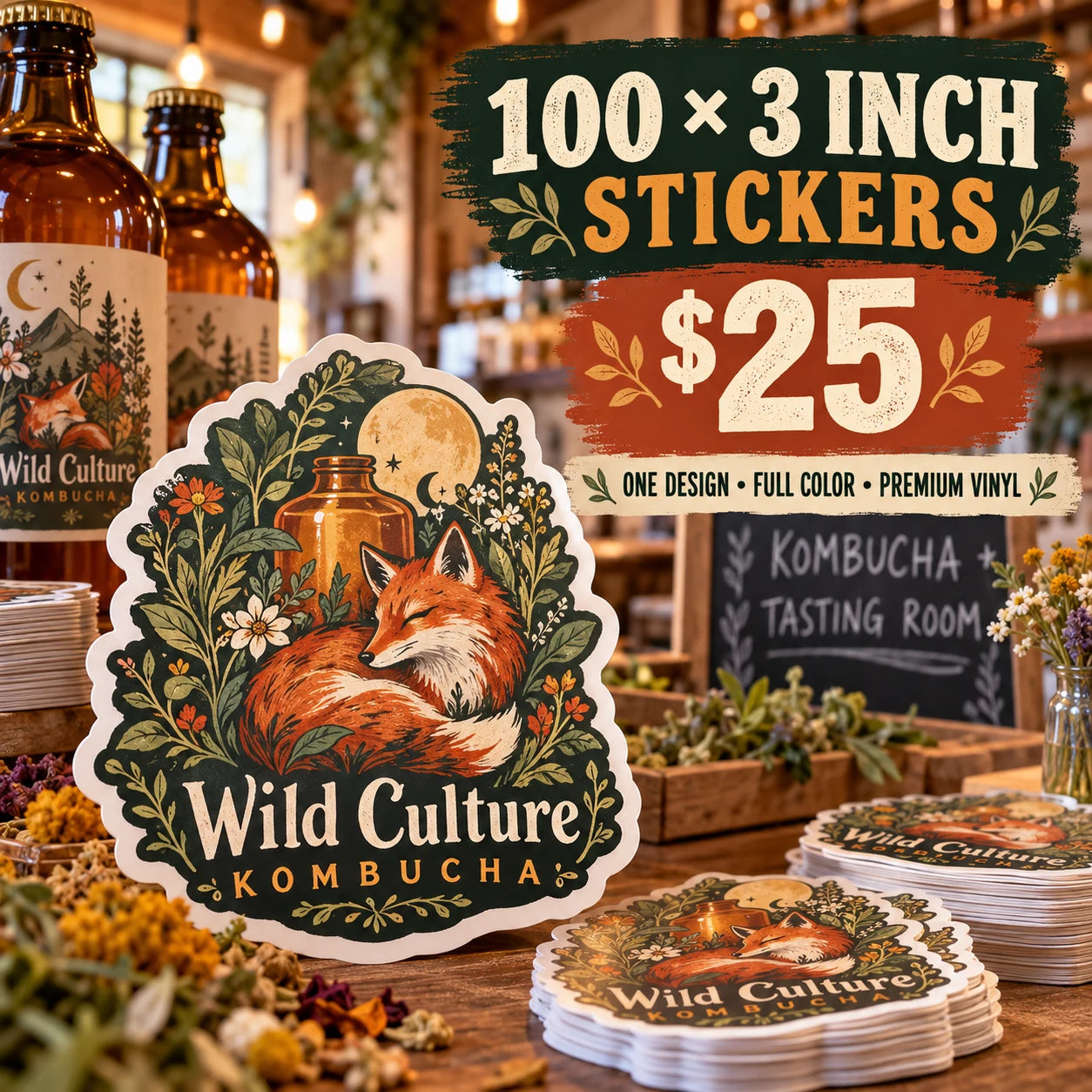 Wild Culture Kombucha fictional example: 100 custom 3 inch stickers for $25
