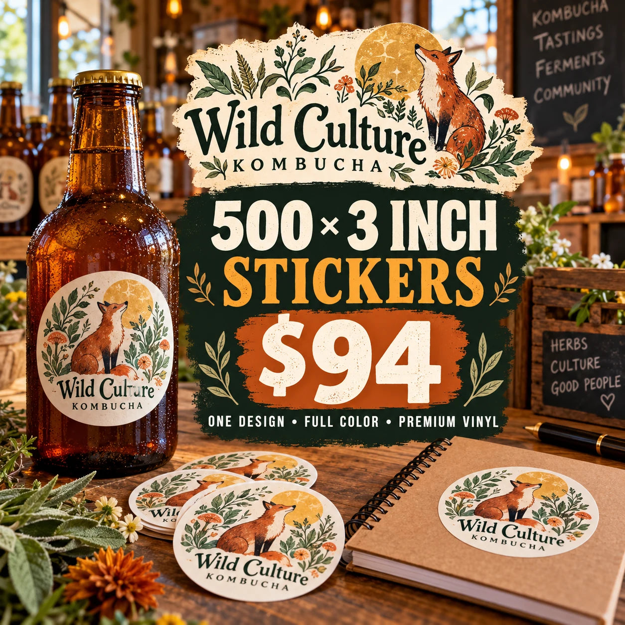 Wild Culture Kombucha fictional example: 500 custom 3 inch stickers for $94