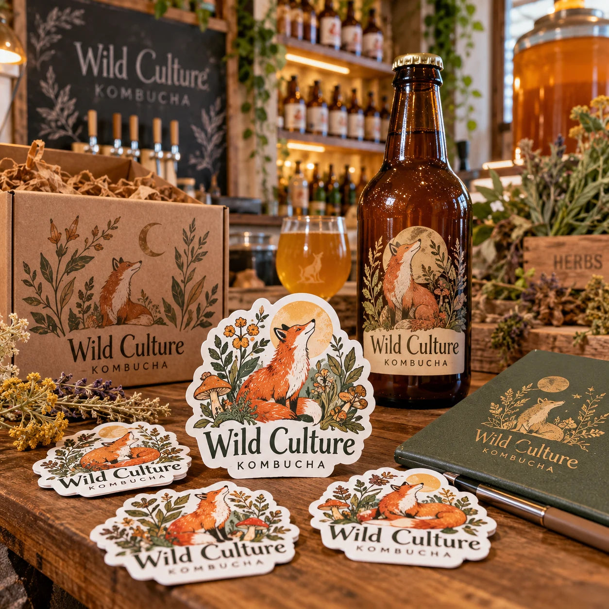 Wild Culture Kombucha fictional example storefront with custom lettering and stickers