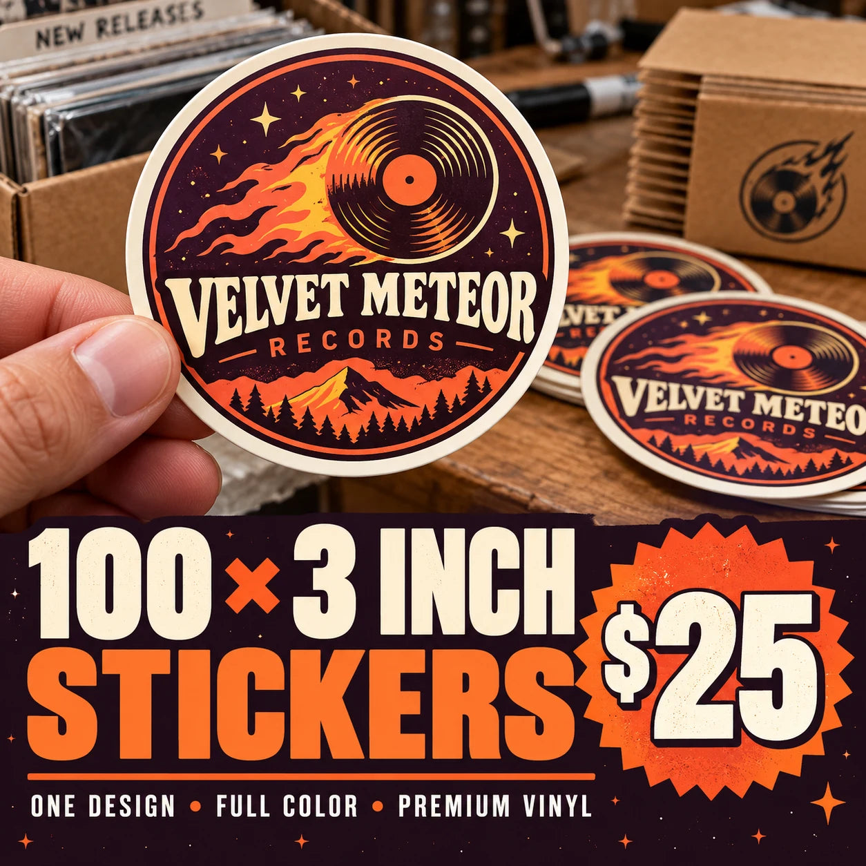 Velvet Meteor Records fictional example: 100 custom 3 inch stickers for $25