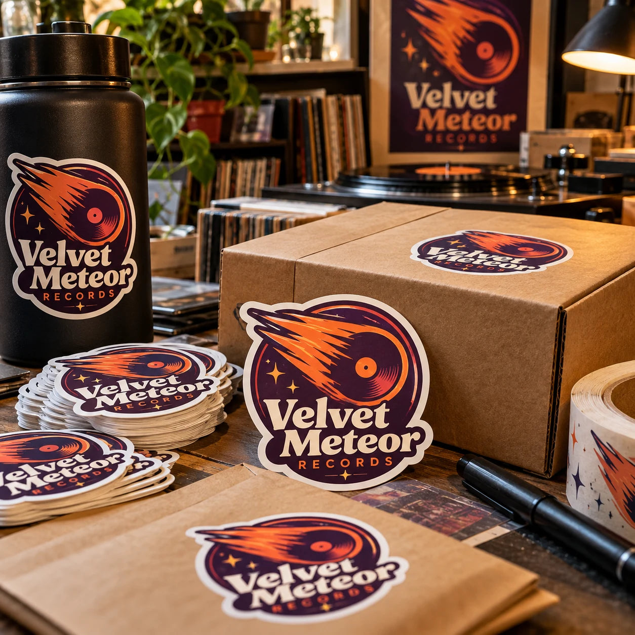 Velvet Meteor Records fictional example storefront with custom lettering and stickers