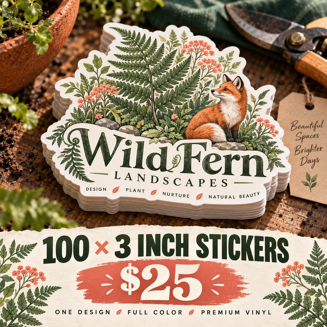 Wild Fern Landscapes fictional example: 100 custom 3 inch stickers for $25