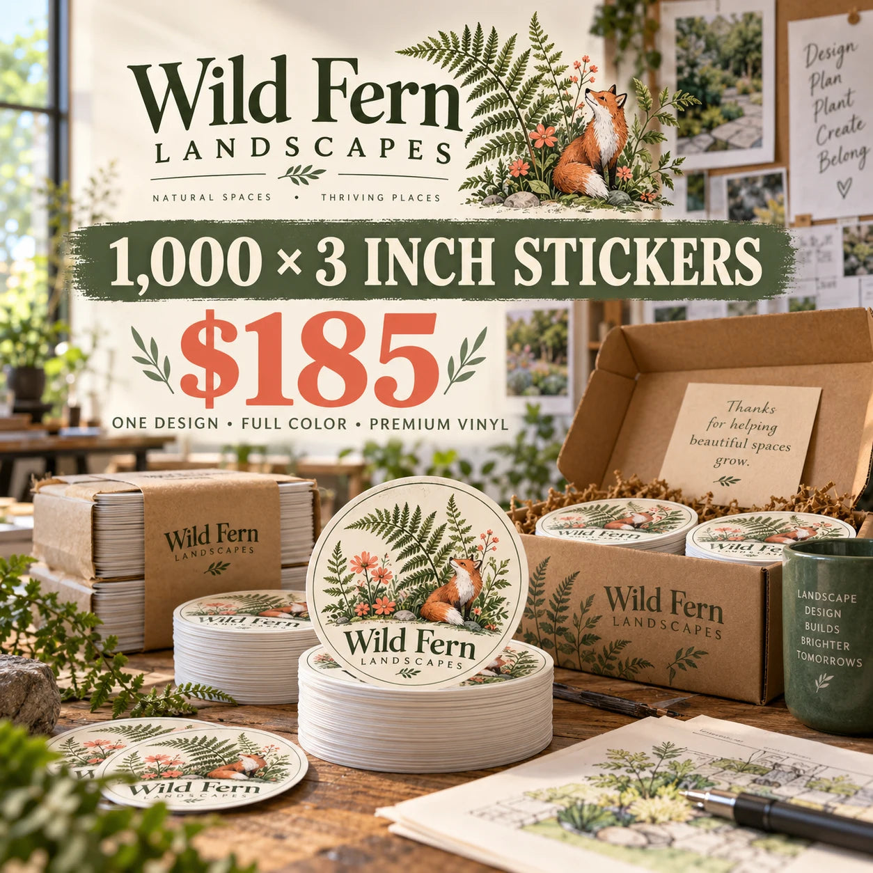 Wild Fern Landscapes fictional example: 1000 custom 3 inch stickers for $185