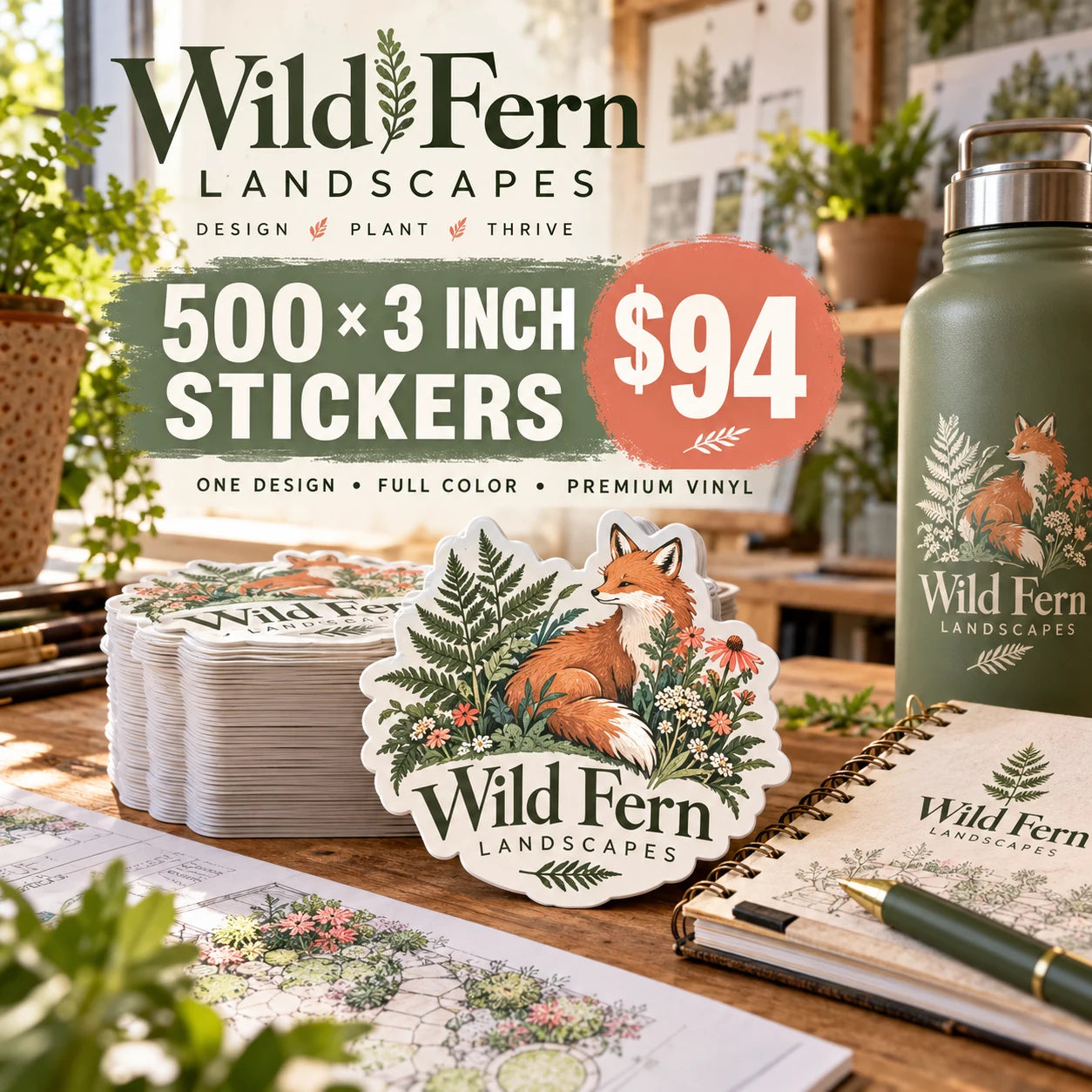 Wild Fern Landscapes fictional example: 500 custom 3 inch stickers for $94