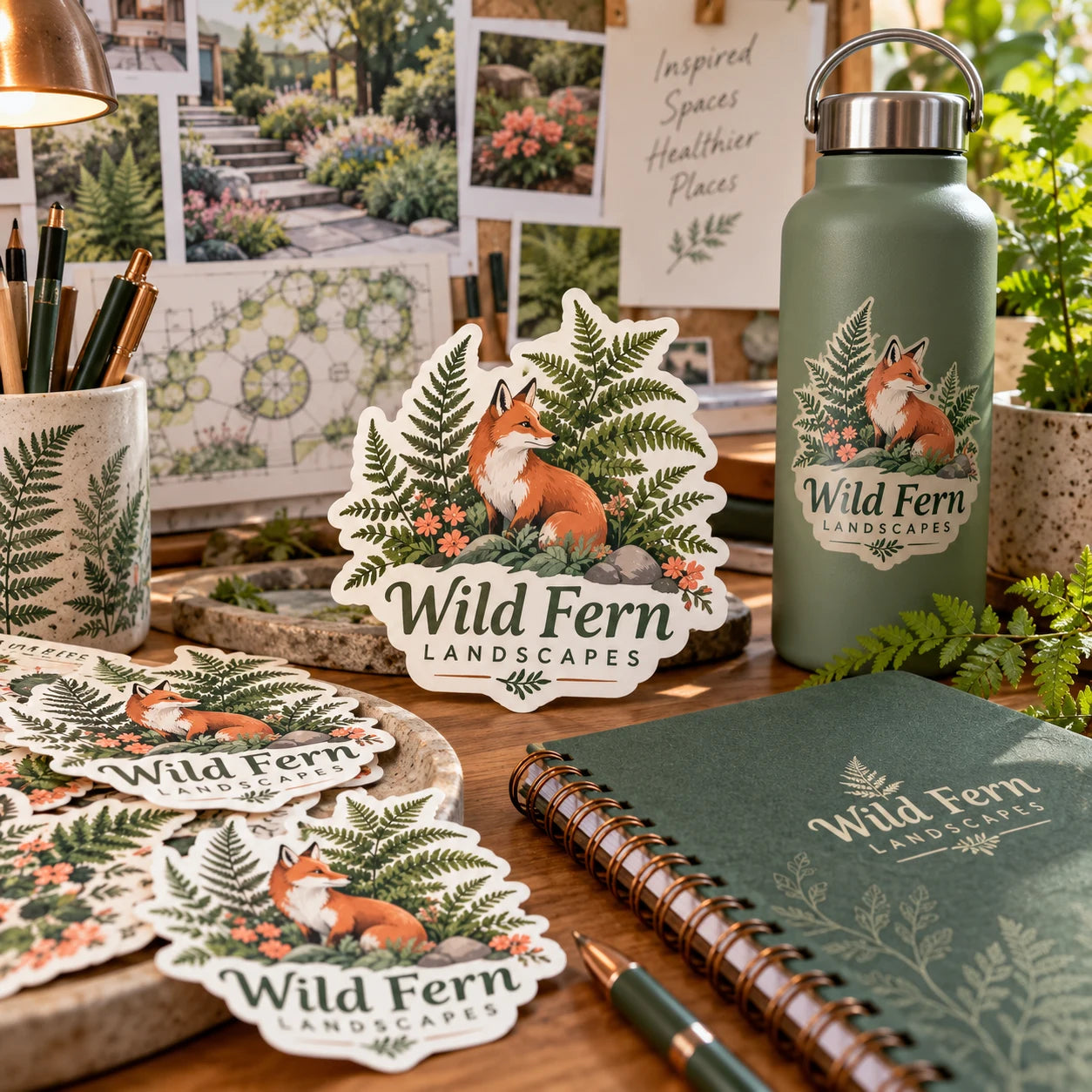Wild Fern Landscapes fictional example storefront with custom lettering and stickers