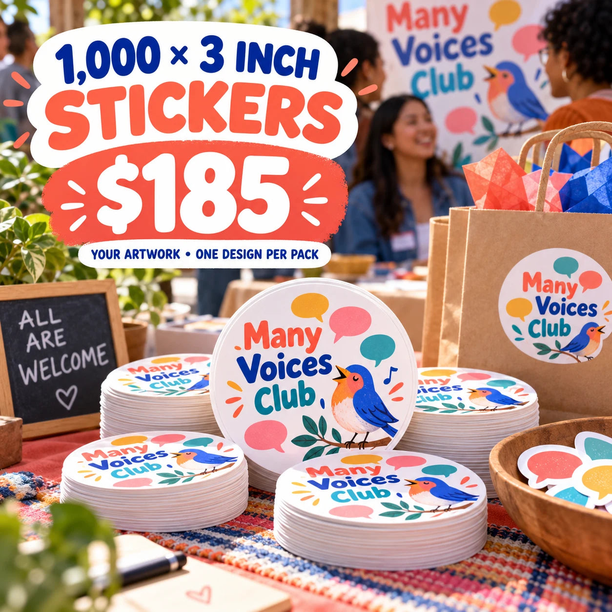 Many Voices Club fictional packaging and sticker ideas
