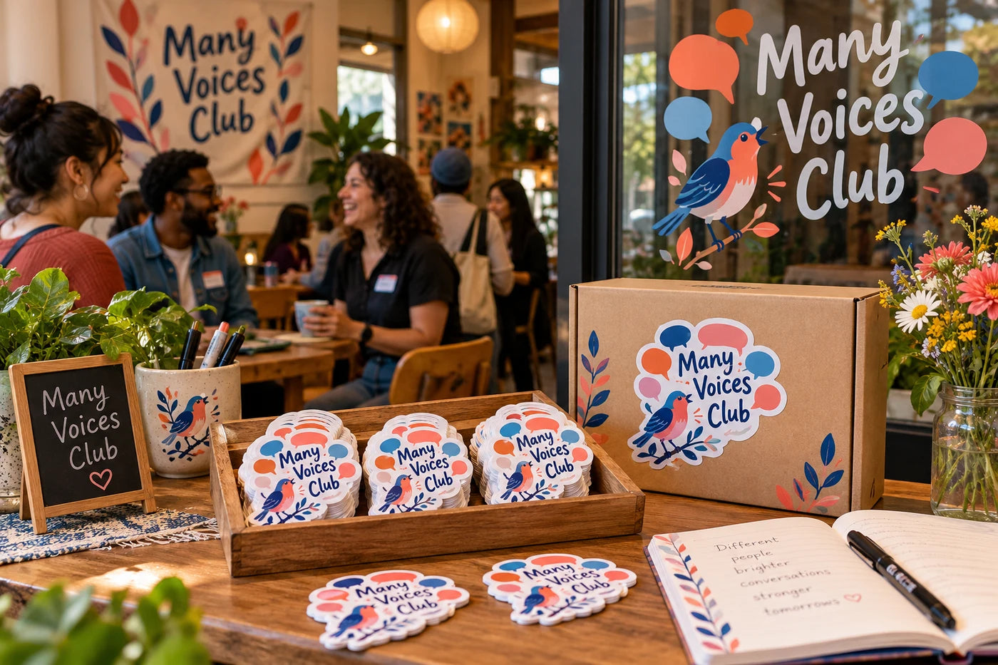 Many Voices Club fictional example storefront with custom lettering and stickers