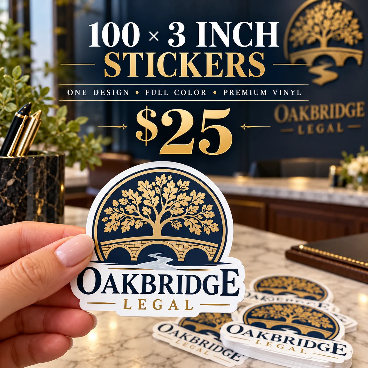 Oakbridge Legal fictional example: 100 custom 3 inch stickers for $25
