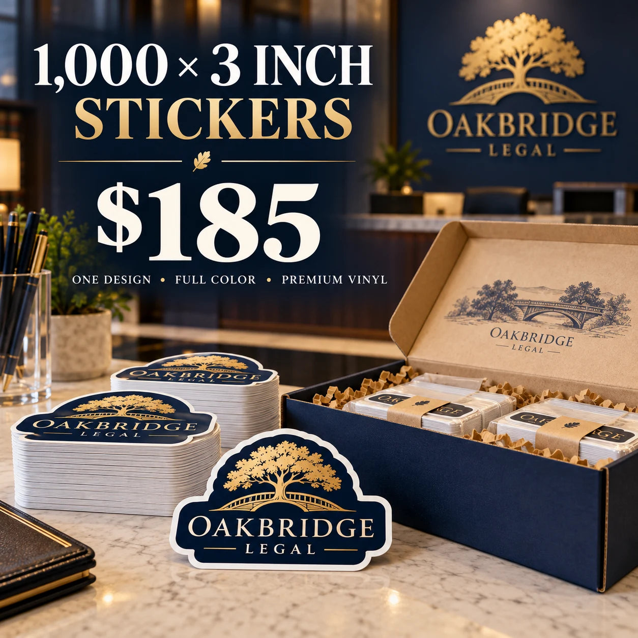 Oakbridge Legal fictional example: 1000 custom 3 inch stickers for $185