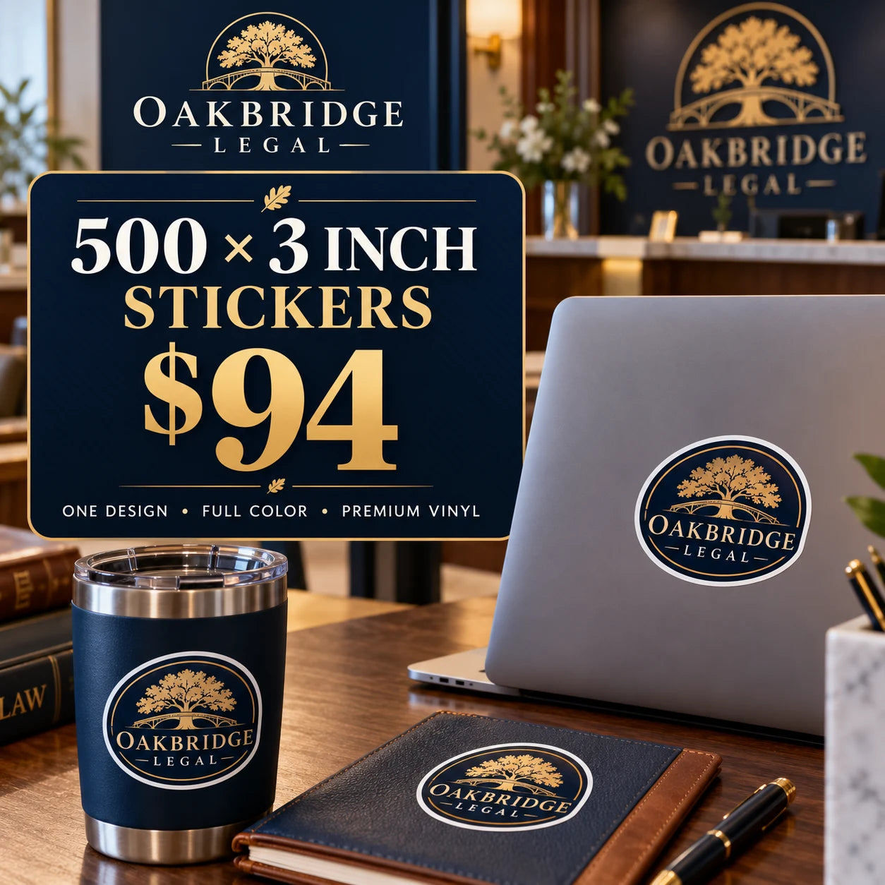 Oakbridge Legal fictional example: 500 custom 3 inch stickers for $94