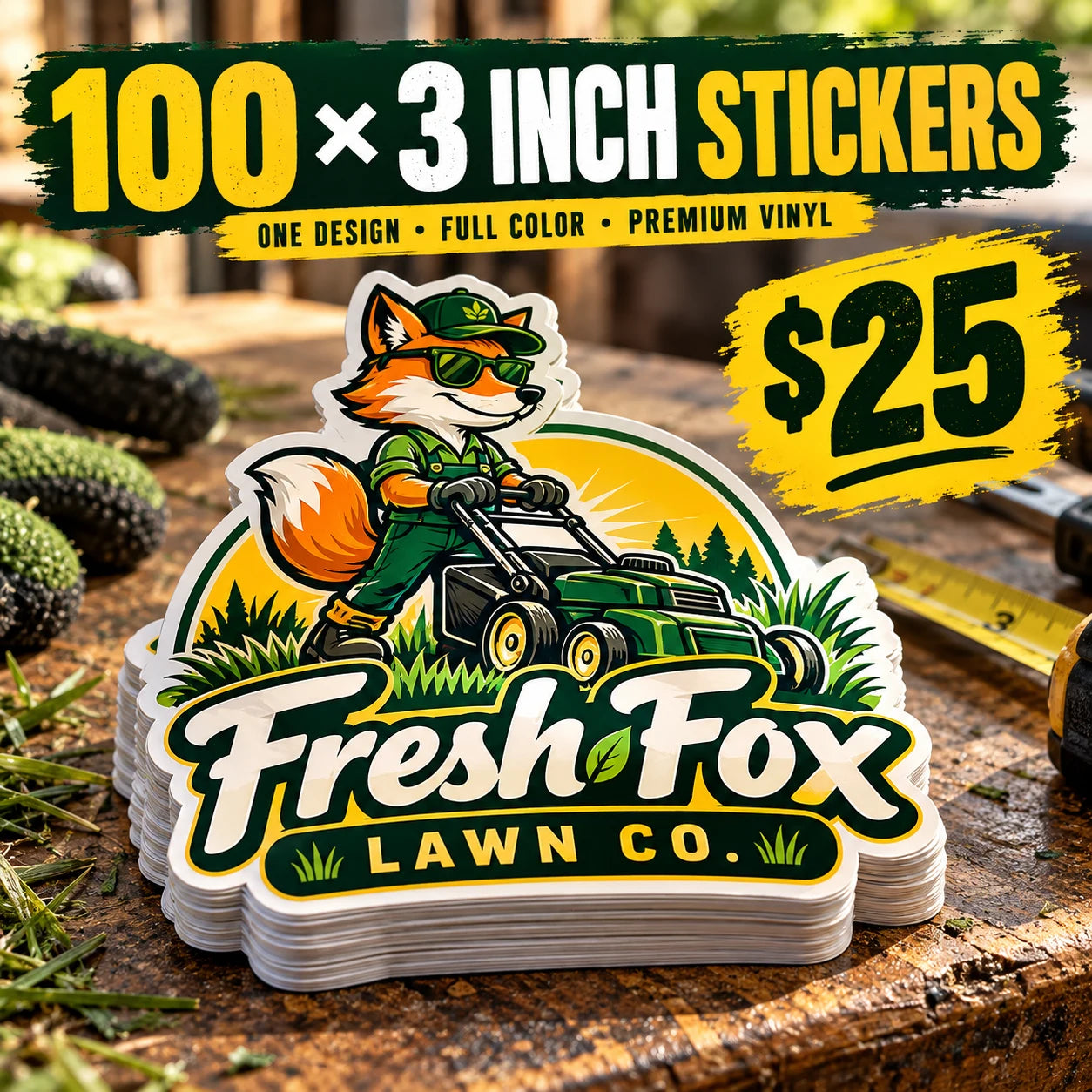 Fresh Fox Lawn Co. fictional example: 100 custom 3 inch stickers for $25