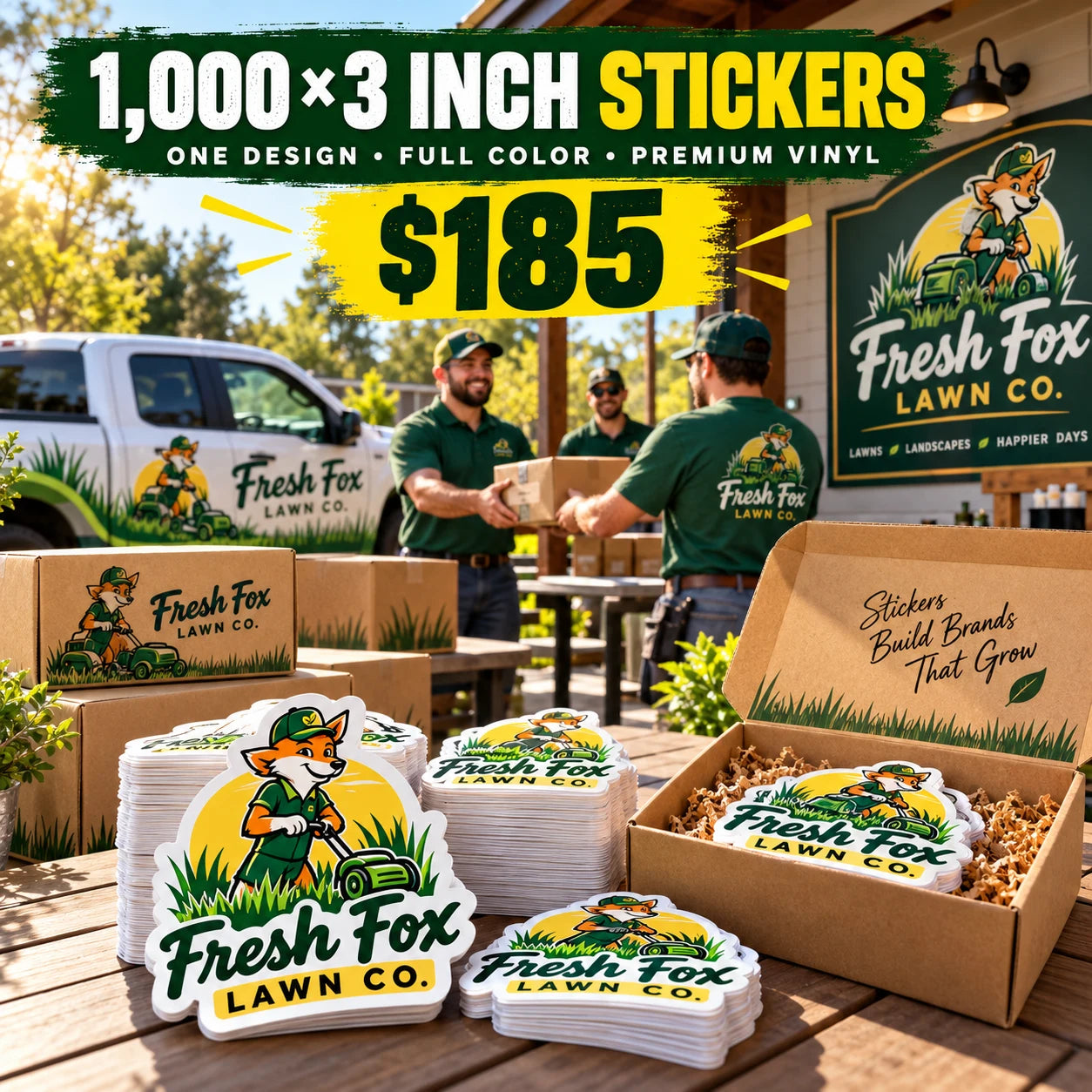Fresh Fox Lawn Co. fictional example: 1000 custom 3 inch stickers for $185