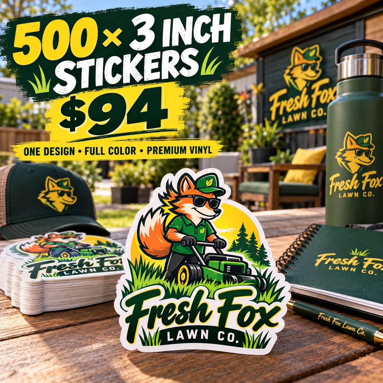 Fresh Fox Lawn Co. fictional example: 500 custom 3 inch stickers for $94