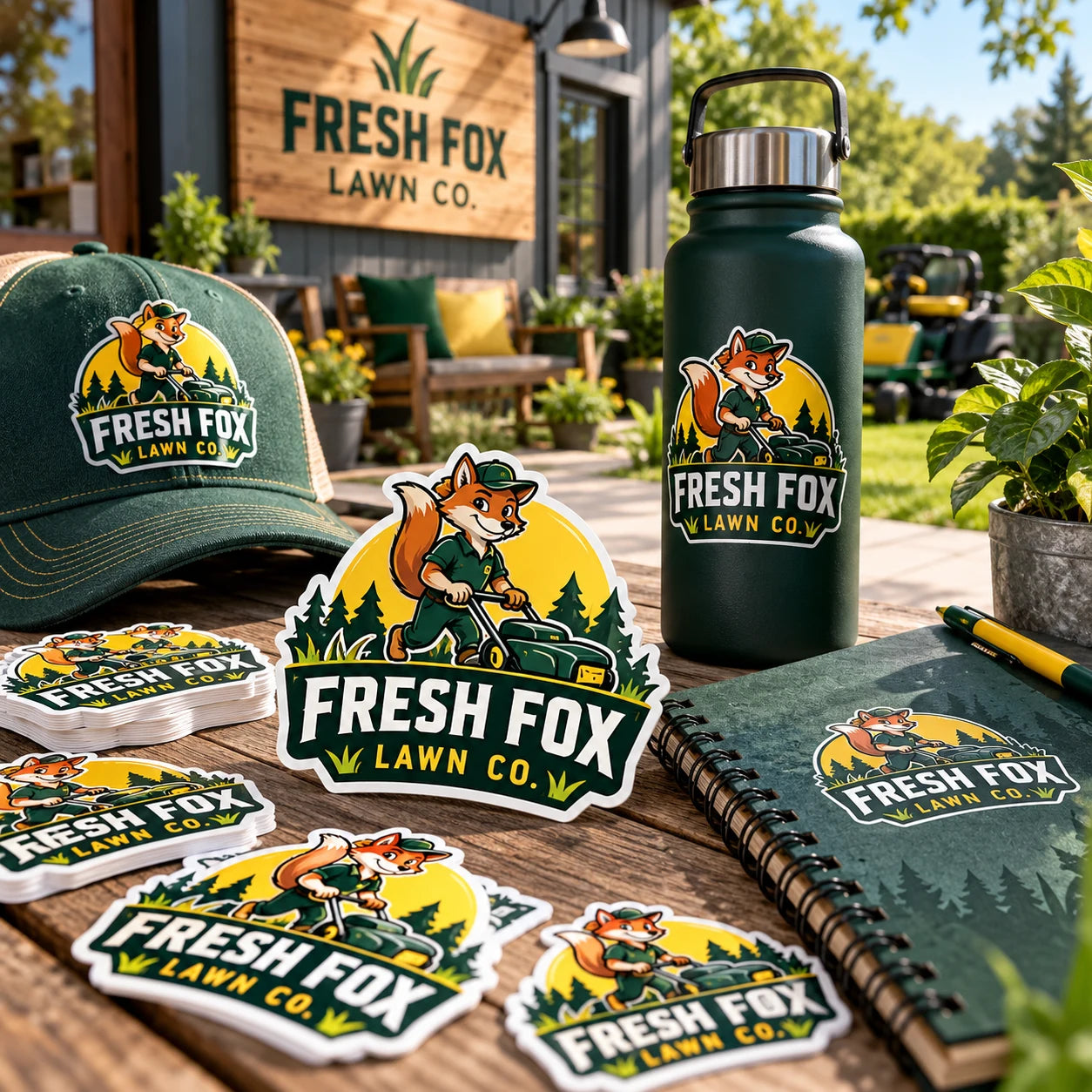Fresh Fox Lawn Co. fictional example storefront with custom lettering and stickers