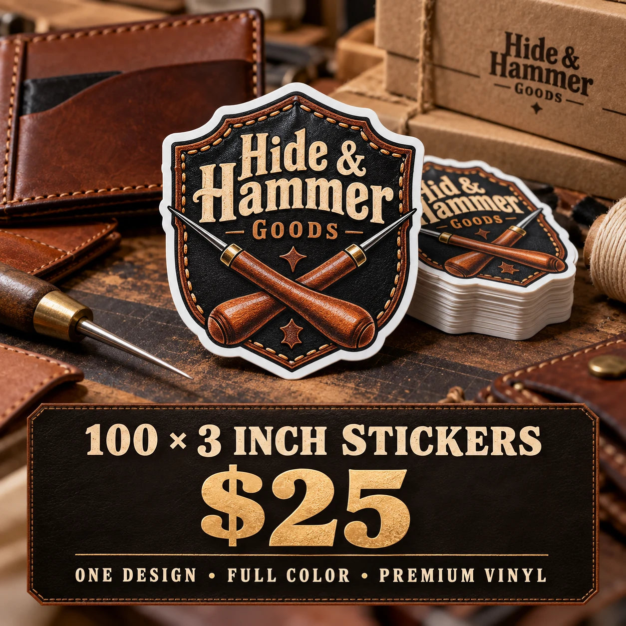 Hide & Hammer Goods fictional example: 100 custom 3 inch stickers for $25