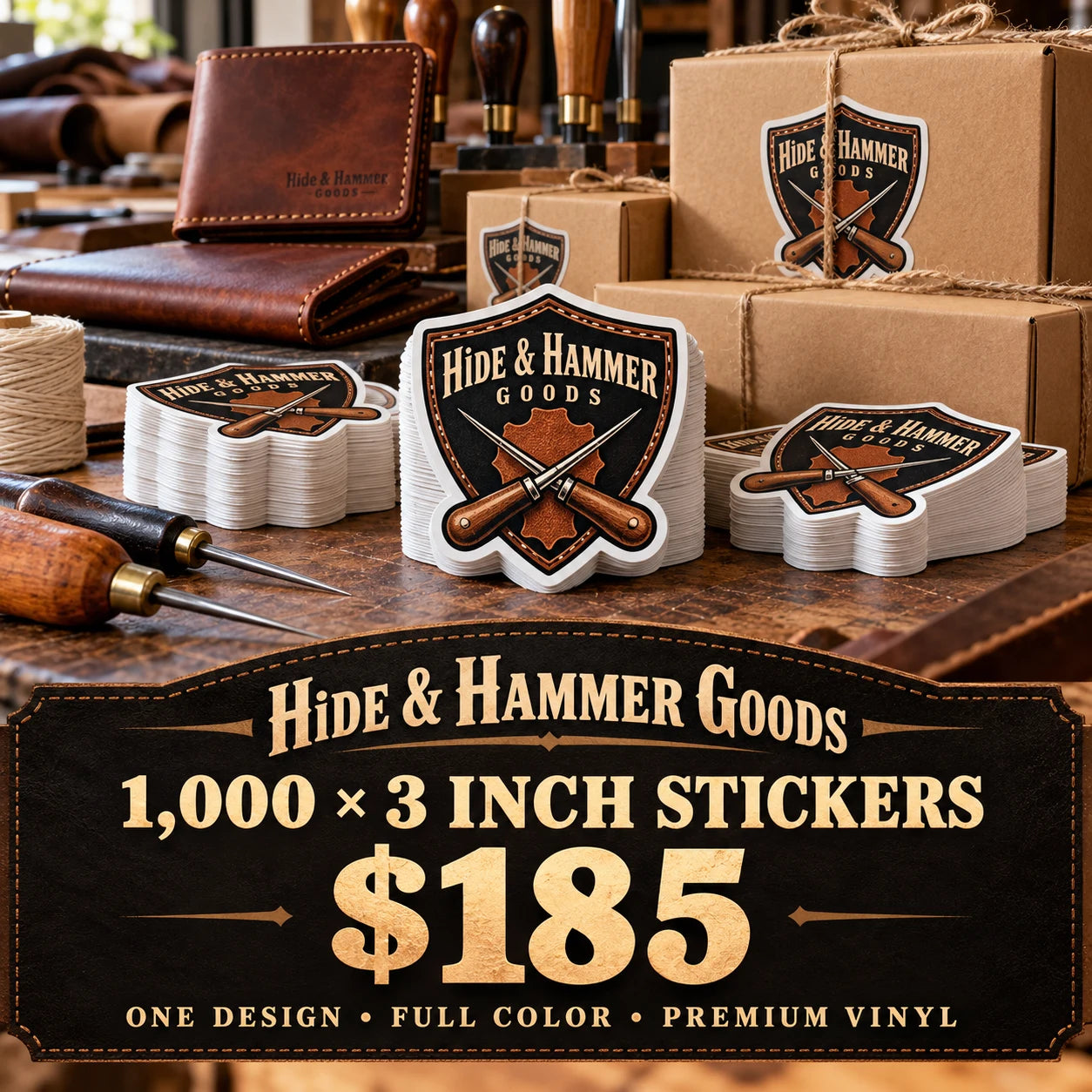 Hide & Hammer Goods fictional example: 1000 custom 3 inch stickers for $185