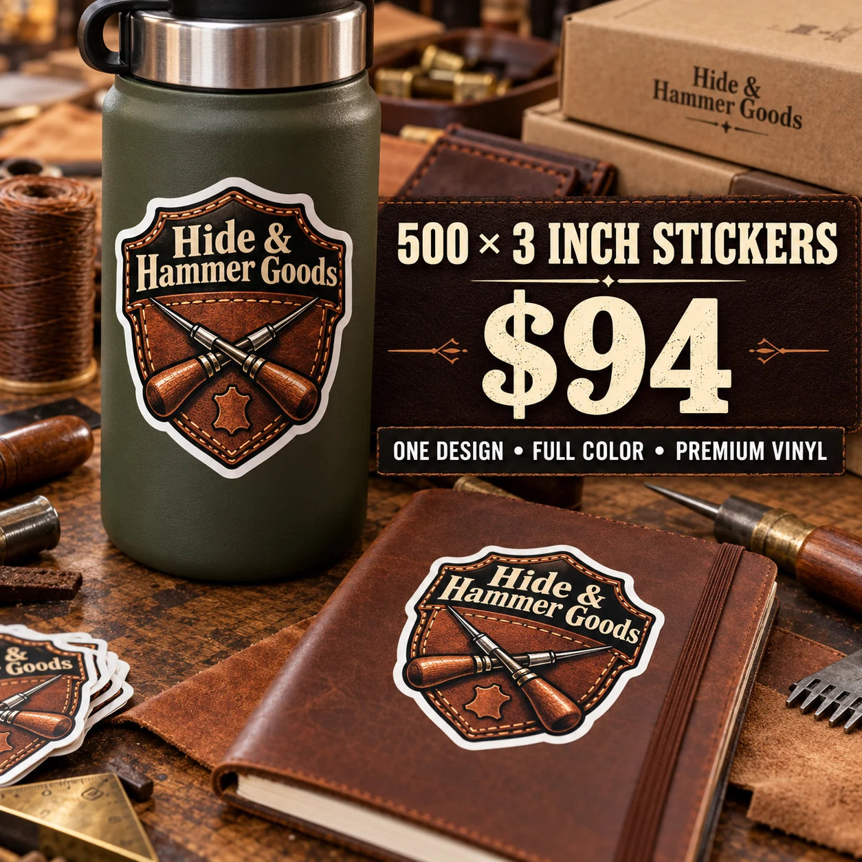 Hide & Hammer Goods fictional example: 500 custom 3 inch stickers for $94