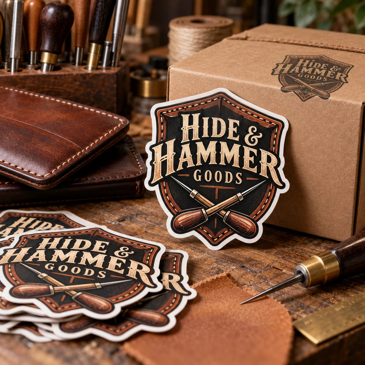 Hide & Hammer Goods fictional example storefront with custom lettering and stickers
