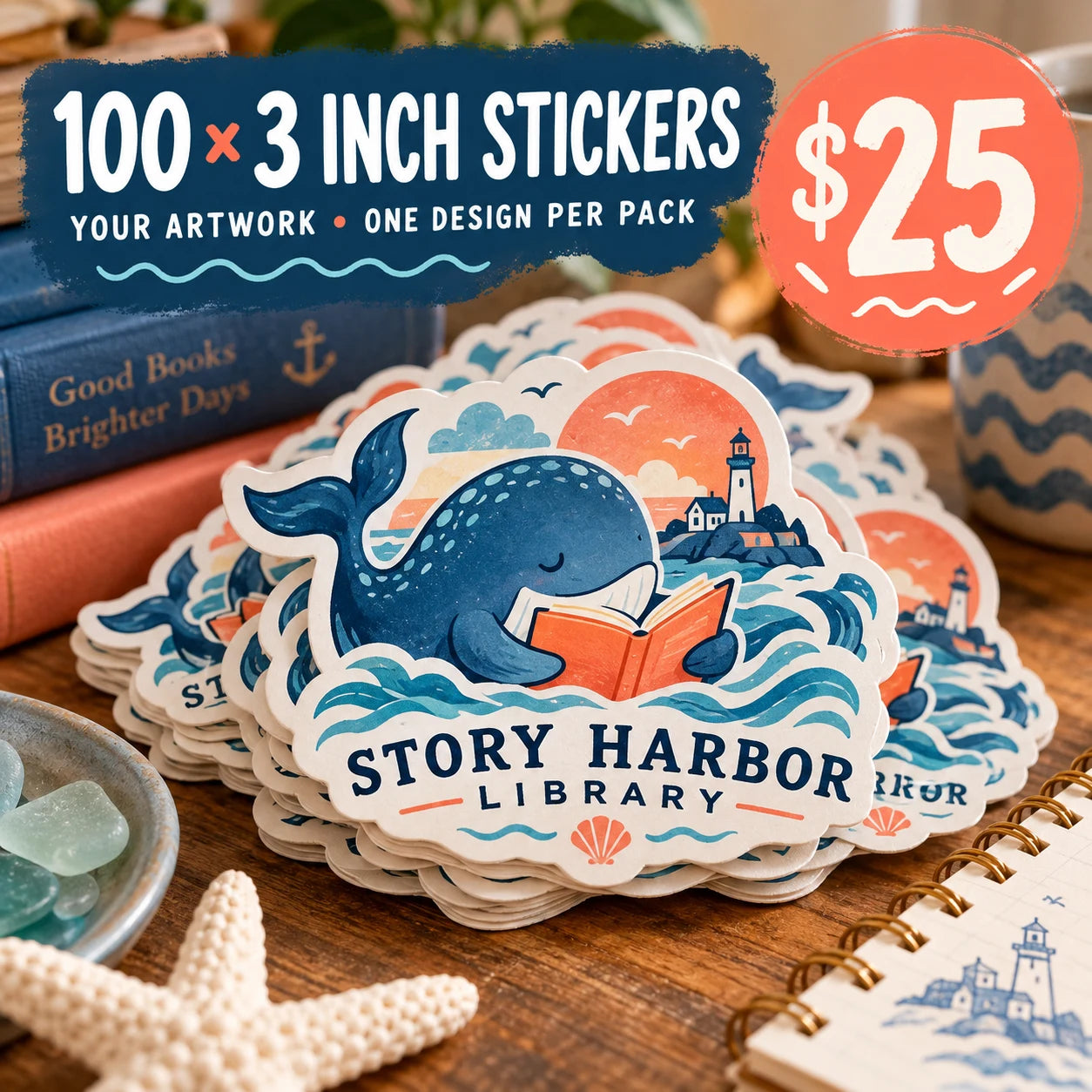 Story Harbor Library fictional example: 100 custom 3 inch stickers for $25