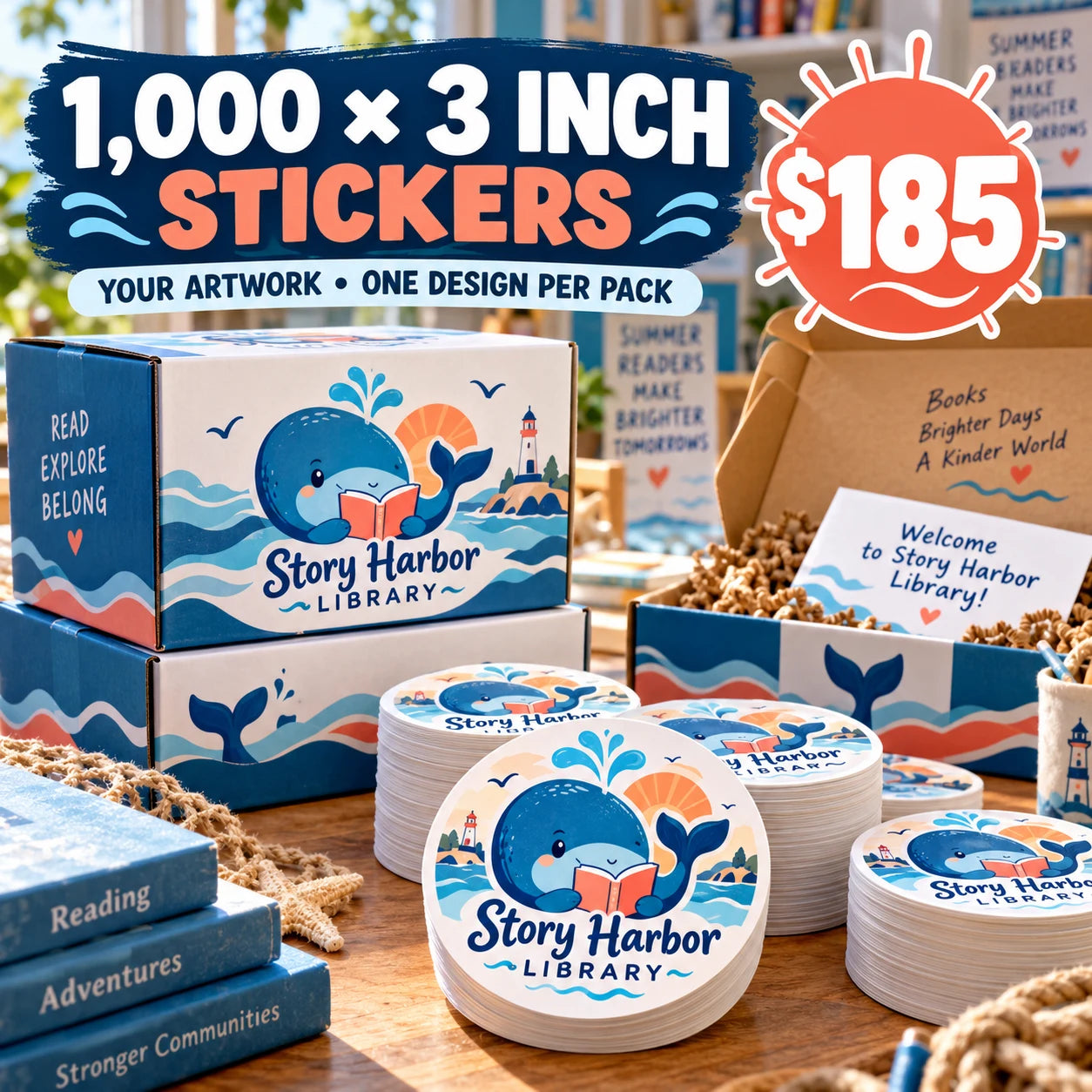 Story Harbor Library fictional packaging and sticker ideas