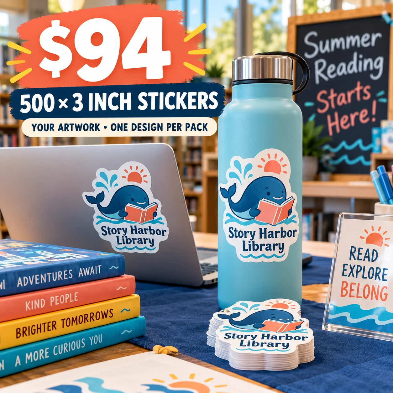 Story Harbor Library fictional example: 500 custom 3 inch stickers for $94