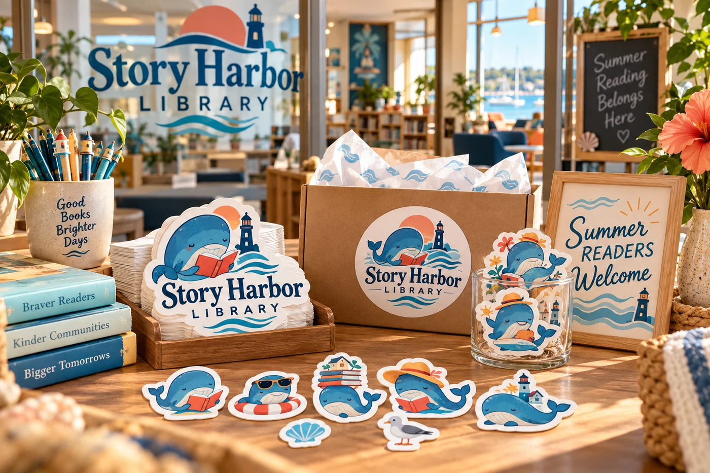 Story Harbor Library fictional example storefront with custom lettering and stickers
