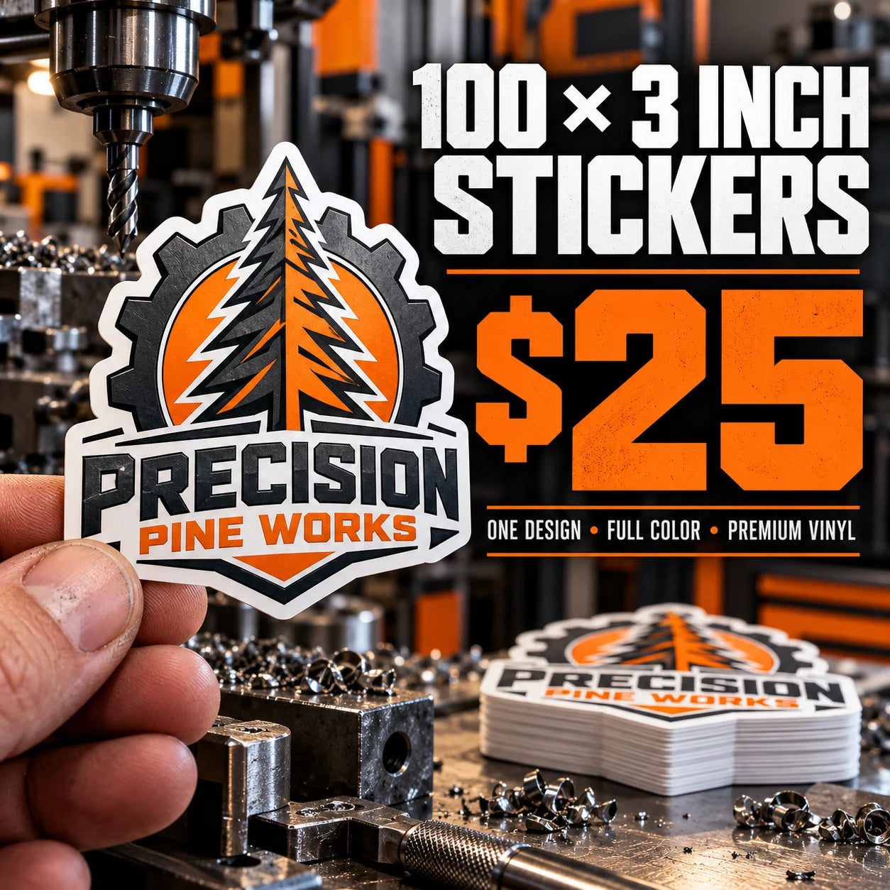 Precision Pine Works fictional example: 100 custom 3 inch stickers for $25