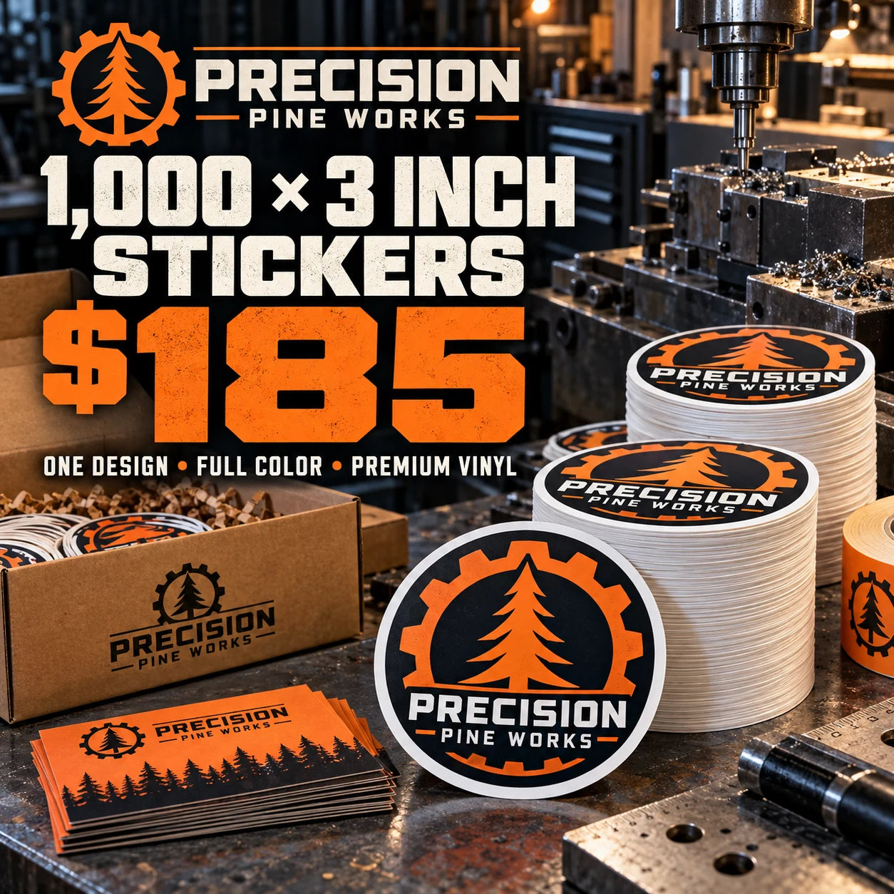 Precision Pine Works fictional packaging and sticker ideas
