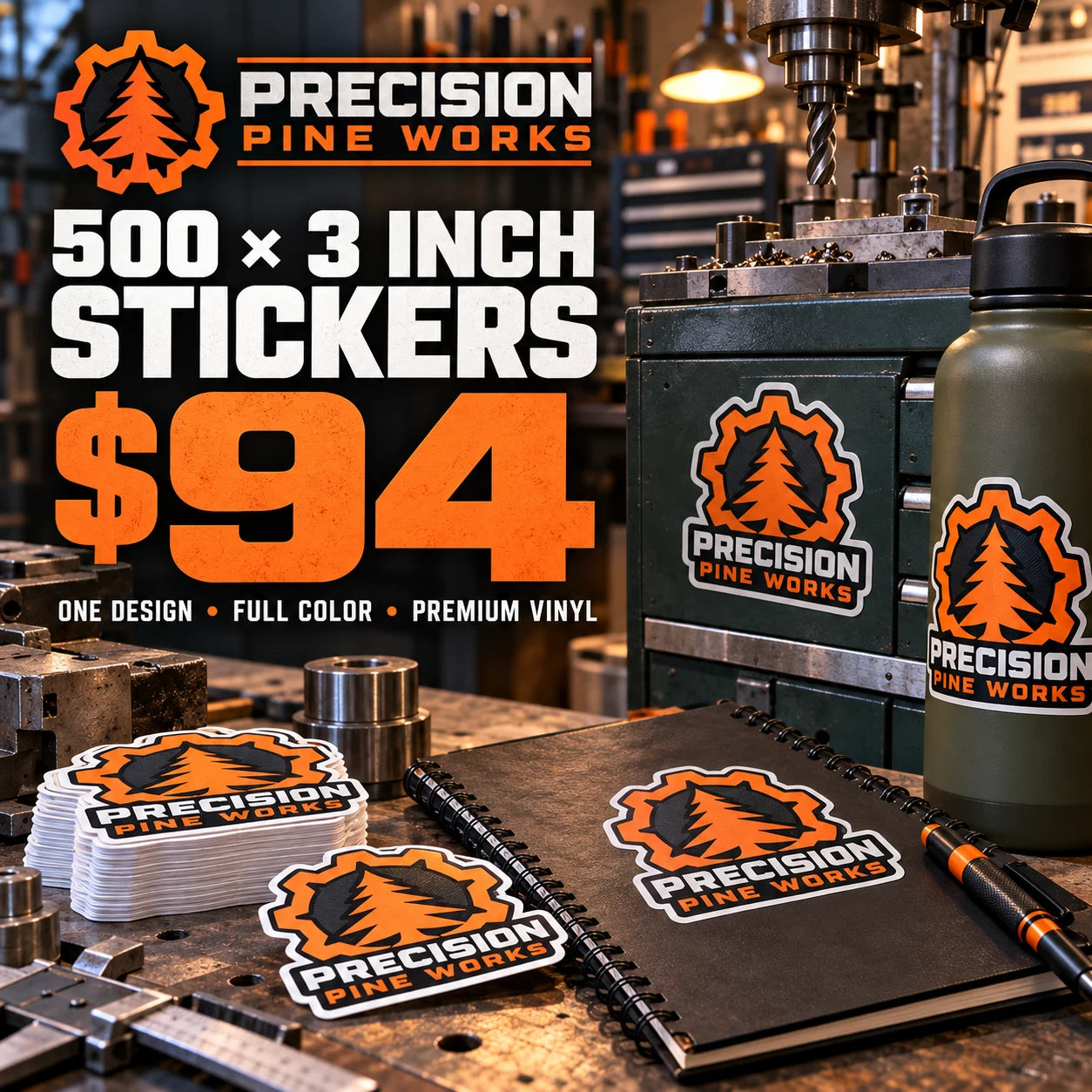 Precision Pine Works fictional example: 500 custom 3 inch stickers for $94