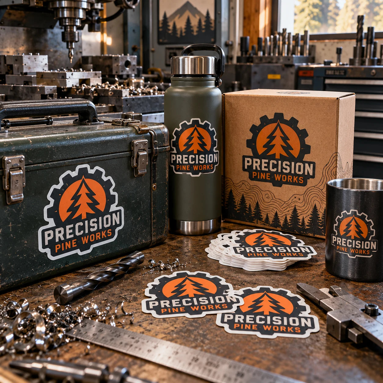 Precision Pine Works fictional example storefront with custom lettering and stickers
