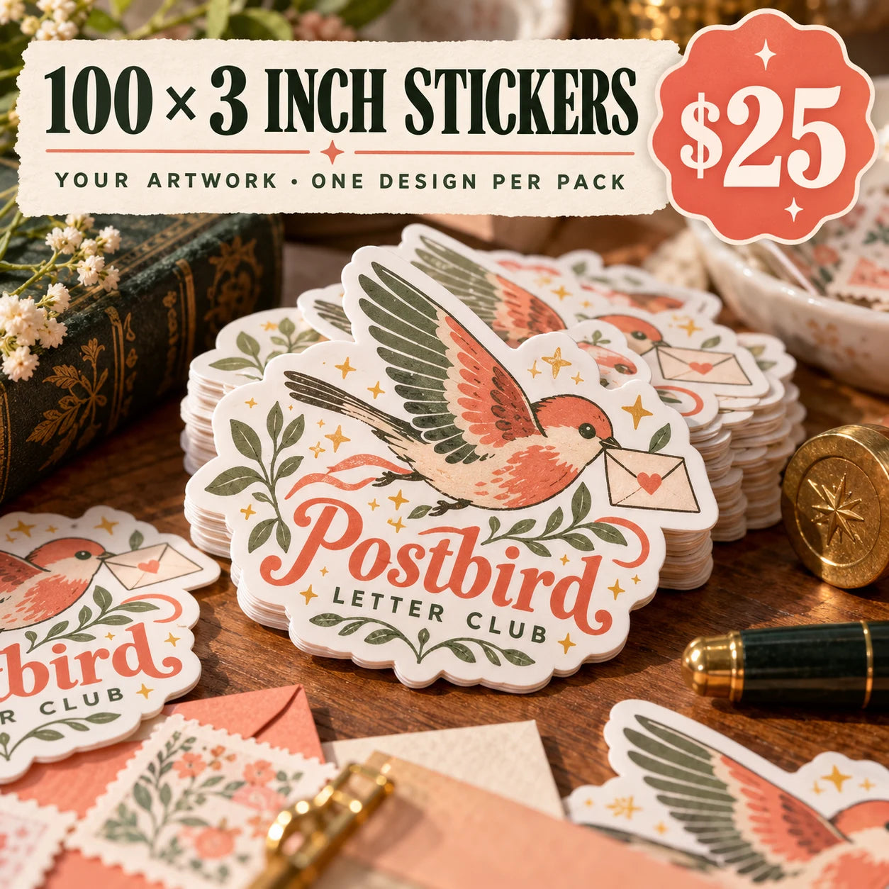 Postbird Letter Club fictional example: 100 custom 3 inch stickers for $25