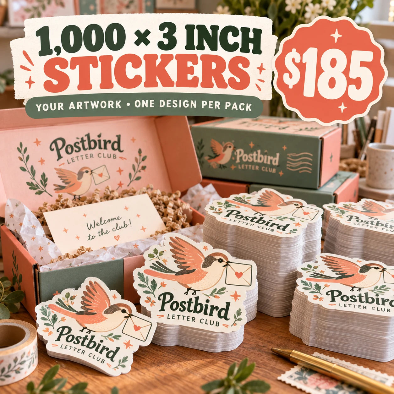 Postbird Letter Club fictional example: 1000 custom 3 inch stickers for $185