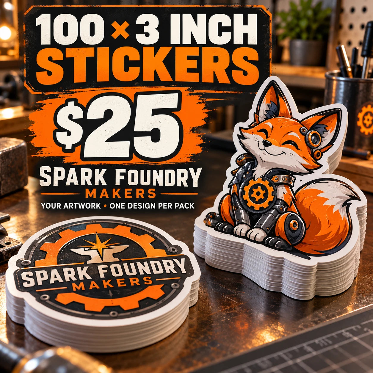 Spark Foundry Makers fictional example: 100 custom 3 inch stickers for $25