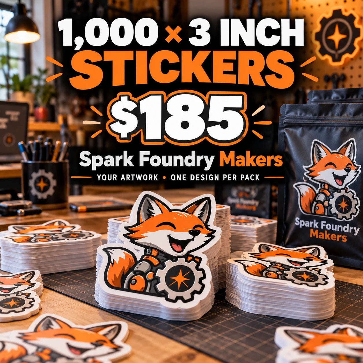 Spark Foundry Makers fictional example: 1000 custom 3 inch stickers for $185